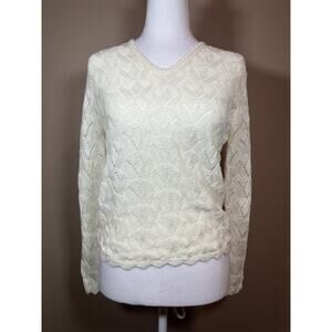 Vintage Womens Ivory V Neck Sweater M Lacy Open Knit Soft Girl Coquette Angel